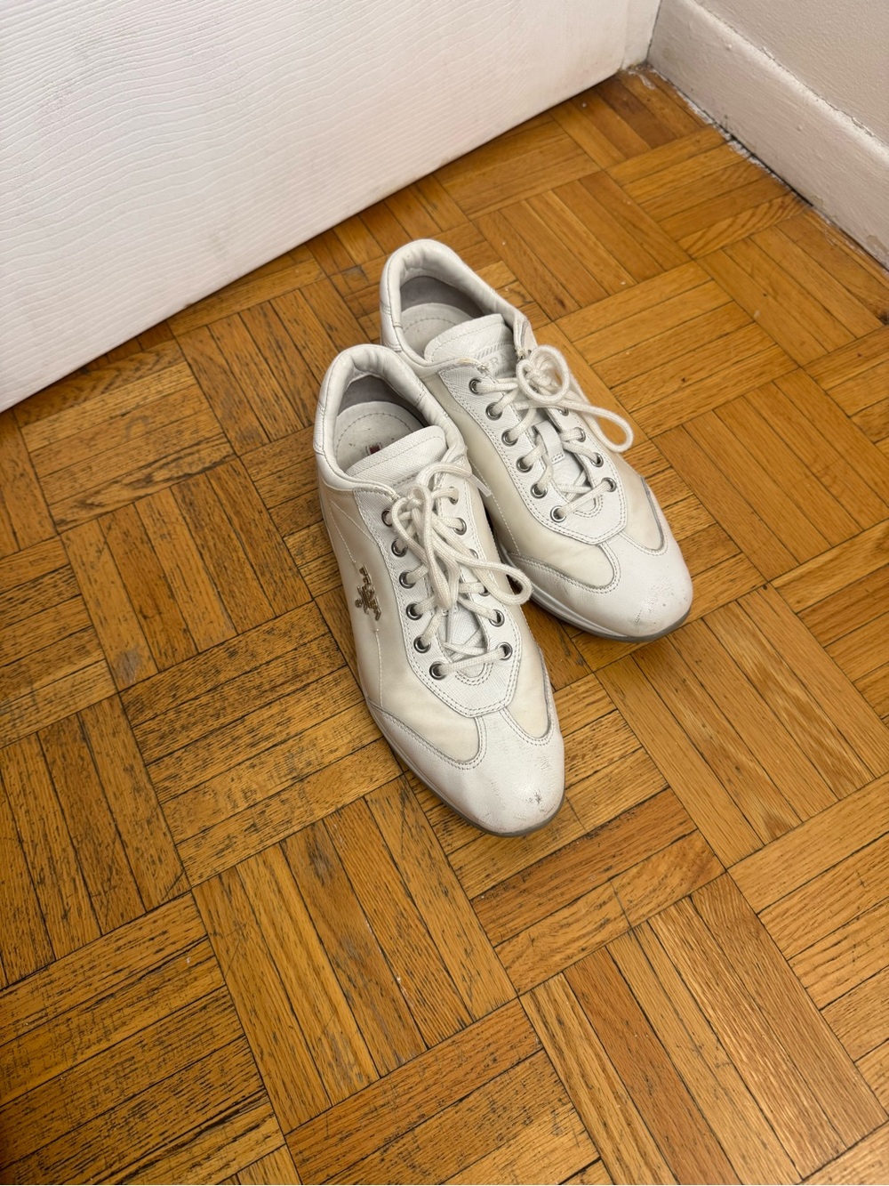 White prada women Leather Lace-Up Sneakers